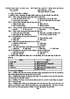 Đề kiểm tra học kì I Sinh học lớp 7 - Năm học 2015-2016 - Phòng GD & ĐT Duy Xuyên